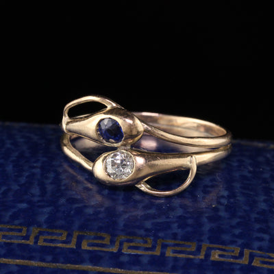 Antique Victorian 12K Yellow Gold Diamond and Sapphire Double Snake Ring