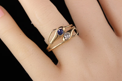 Antique Victorian 12K Yellow Gold Diamond and Sapphire Double Snake Ring