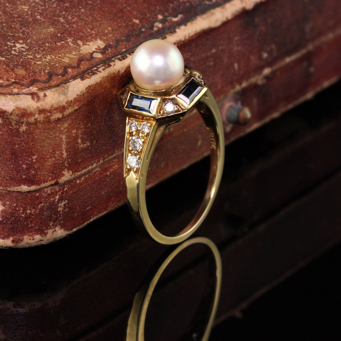 Vintage Estate Honora 18K Yellow Gold Diamond Sapphire and Pearl Ring