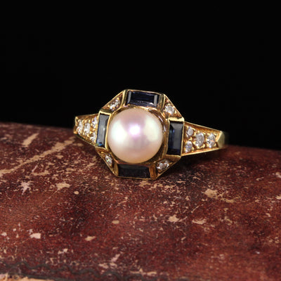 Vintage Estate Honora 18K Yellow Gold Diamond Sapphire and Pearl Ring