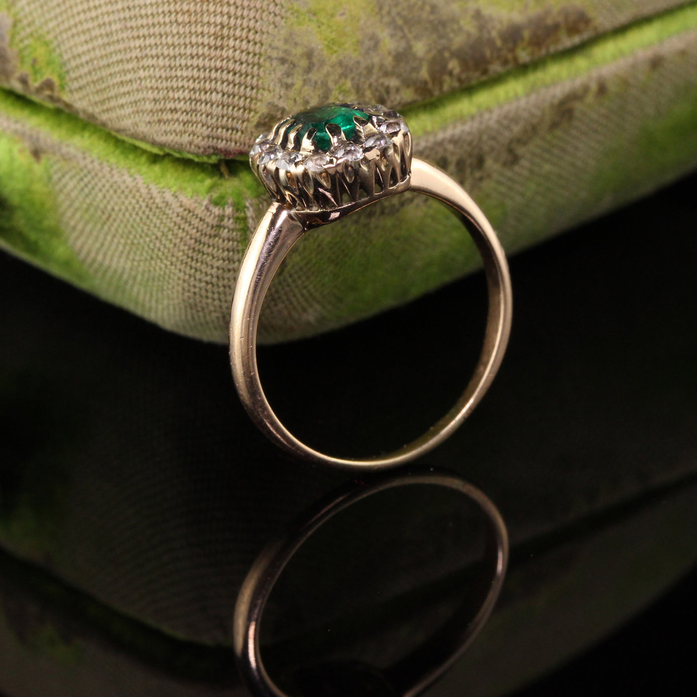 Antique Victorian 14k Yellow Gold Old Mine Diamond and Emerald Engagement Ring