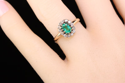 Antique Victorian 14k Yellow Gold Old Mine Diamond and Emerald Engagement Ring