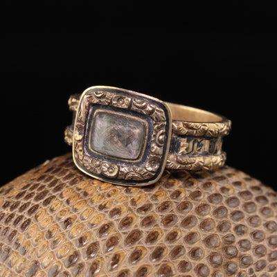 Antique Victorian 14K Yellow Gold Engraved Black Enamel Mourning Ring