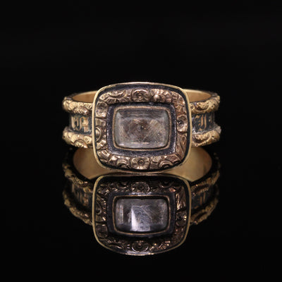 Antique Victorian 14K Yellow Gold Engraved Black Enamel Mourning Ring