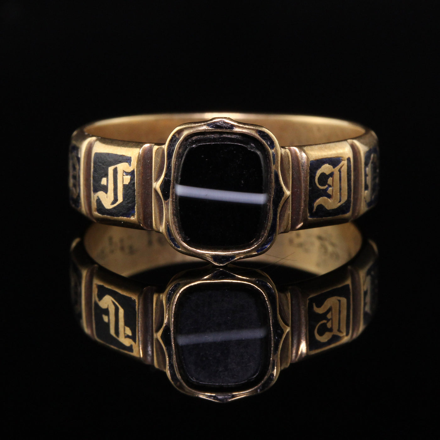 Antique Victorian 18K Yellow Gold Enamel and Onyx Engraved Ring