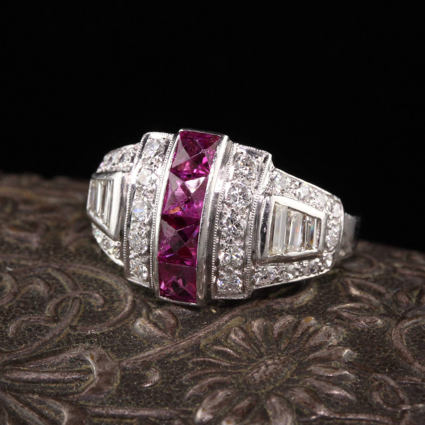 New 1900s Style Ruby Diamonds 18 Karat Yellow Gold Platinum Ring-  Bijouxbaume