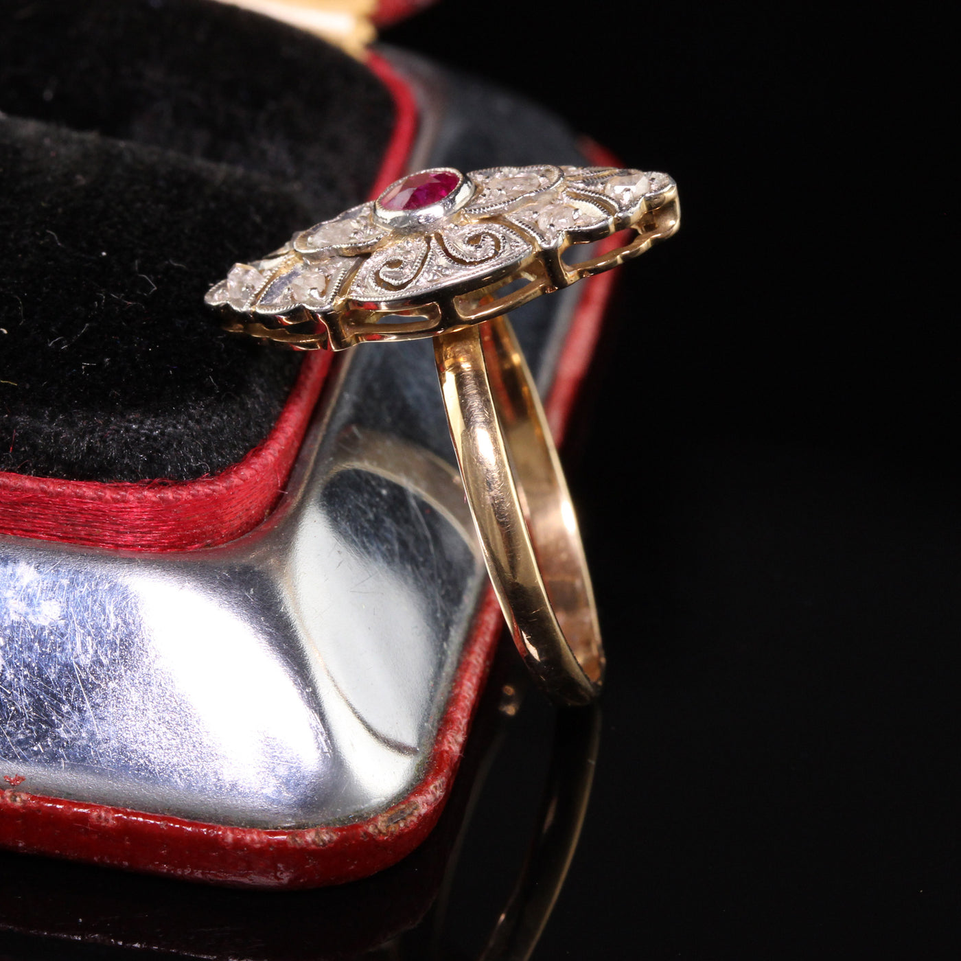 Antique Victorian 18K Yellow Gold Platinum Top Rose Cut Diamond and Ruby Ring