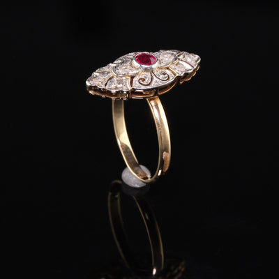 Antique Victorian 18K Yellow Gold Platinum Top Rose Cut Diamond and Ruby Ring