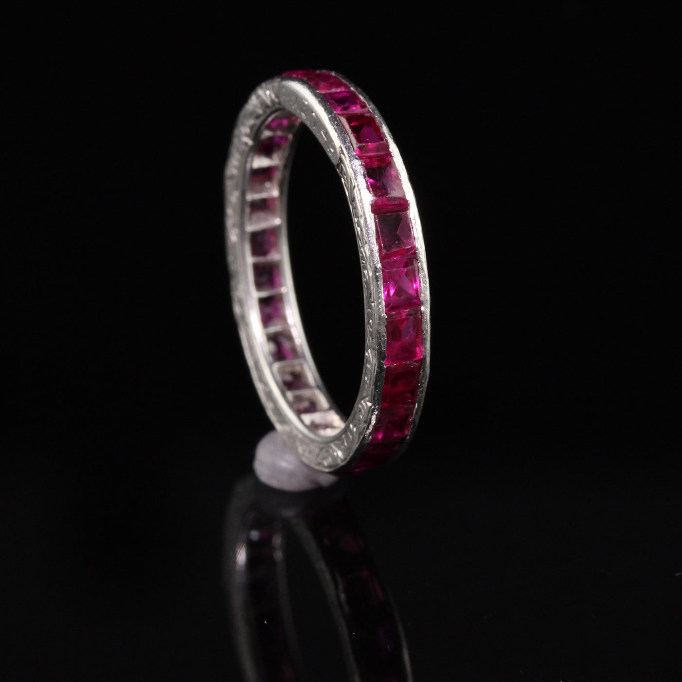 Antique Art Deco Platinum Engraved Ruby Eternity Band - Size 6 1/2