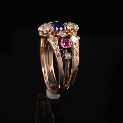 RESERVED - Antique Victorian 18K Rose Gold Rose Cut Diamond Sapphire and Ruby Ring