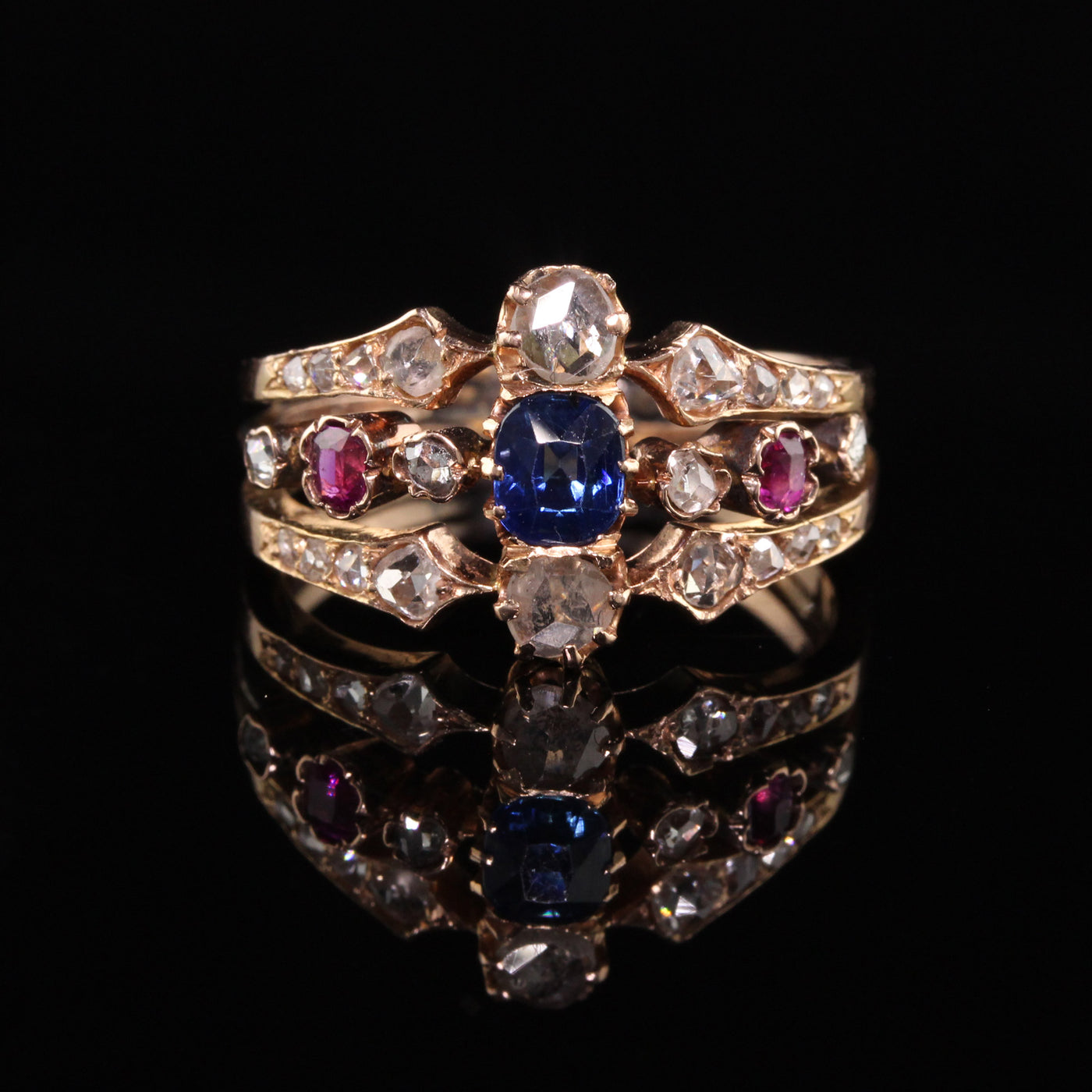 RESERVED - Antique Victorian 18K Rose Gold Rose Cut Diamond Sapphire and Ruby Ring