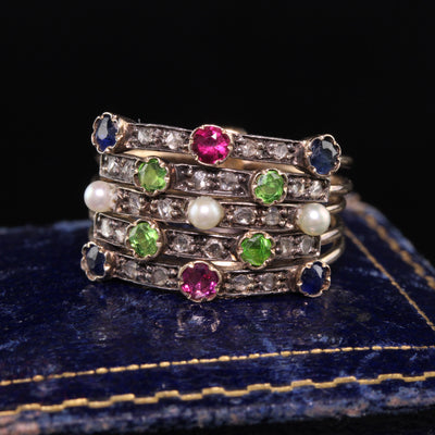 Antique Victorian 18K Yellow Gold Diamond Sapphire Ruby Demantoid Harem Ring