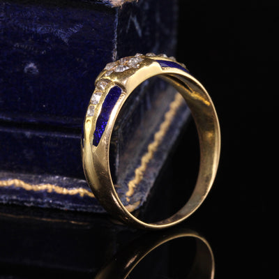Antique Art Deco 18K Yellow Gold Old Mine Cut Diamond Enamel Ring