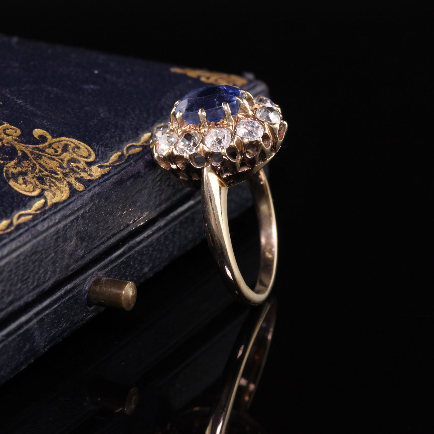 Antique Victorian 14K Yellow Gold Old Mine Diamond and Sapphire Engagement Ring