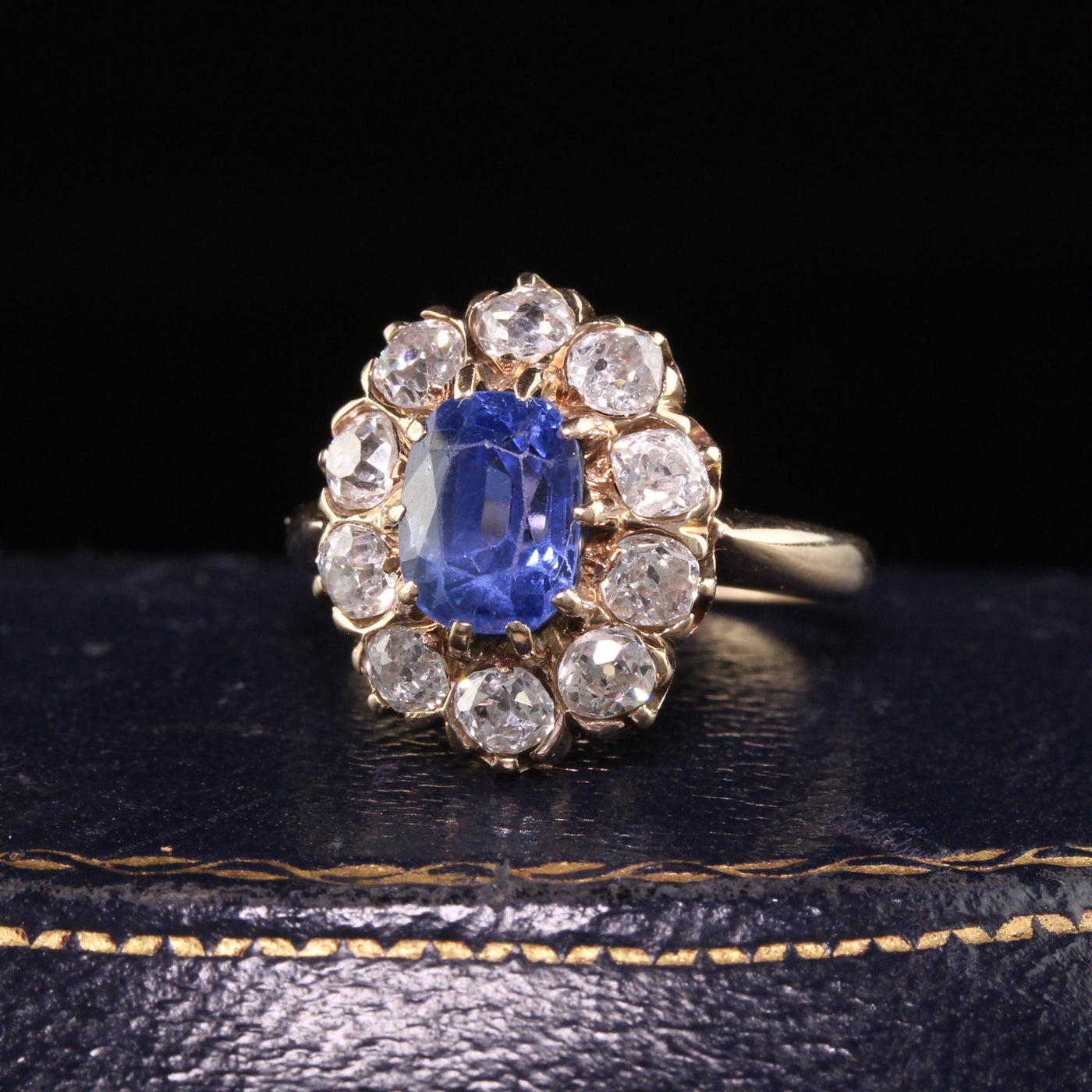 Antique Victorian 14K Yellow Gold Old Mine Diamond and Sapphire Engagement Ring