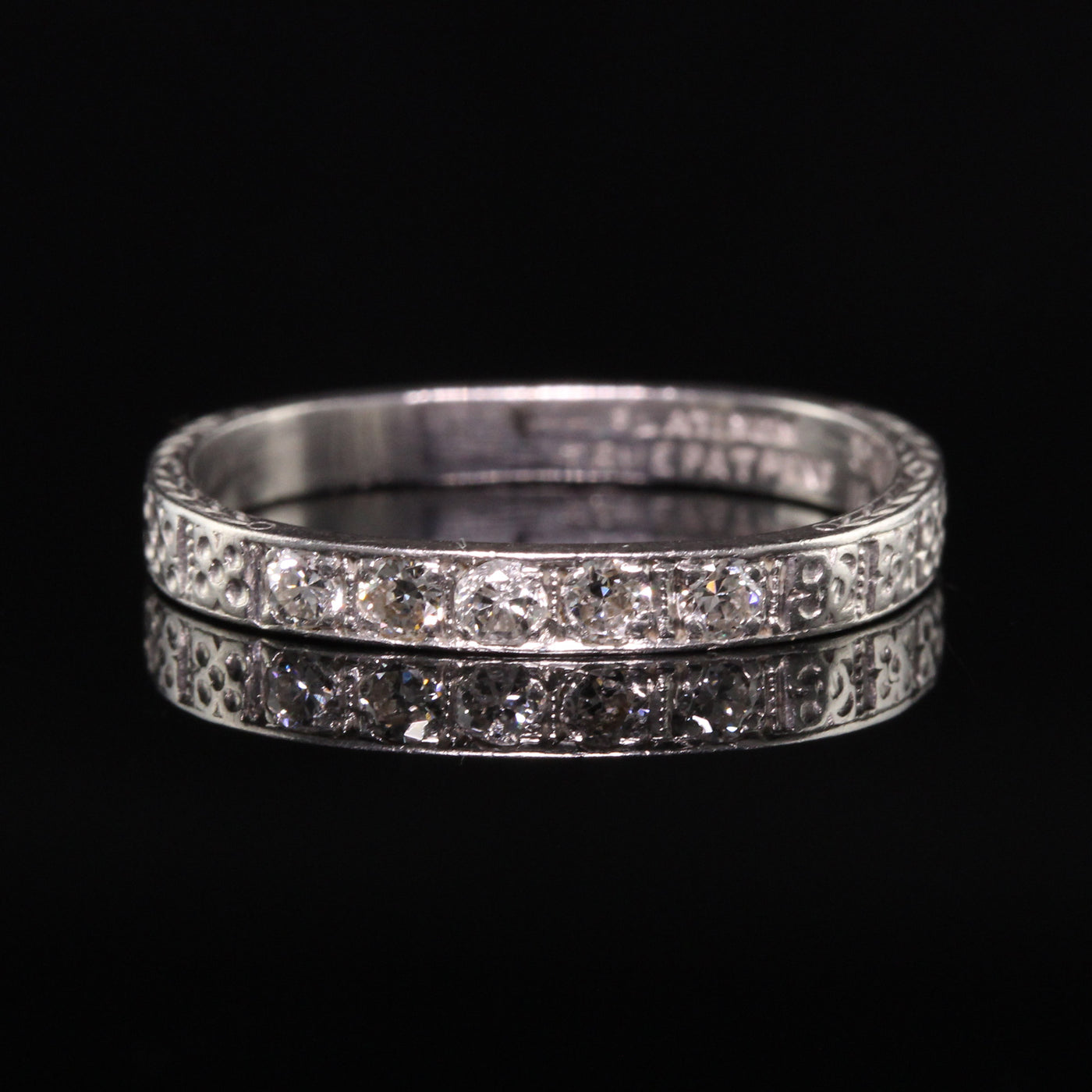 Antique Art Deco Platinum Five Diamond Engraved Wedding Band - Size 6 1/4