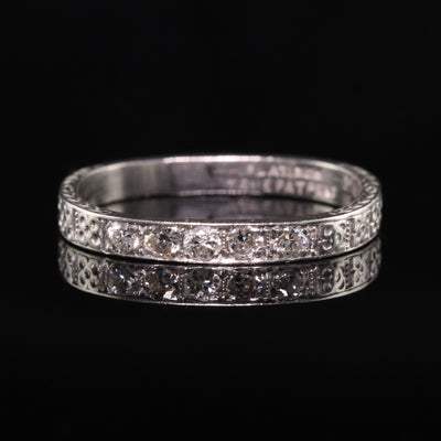 Antique Art Deco Platinum Five Diamond Engraved Wedding Band - Size 6 1/4