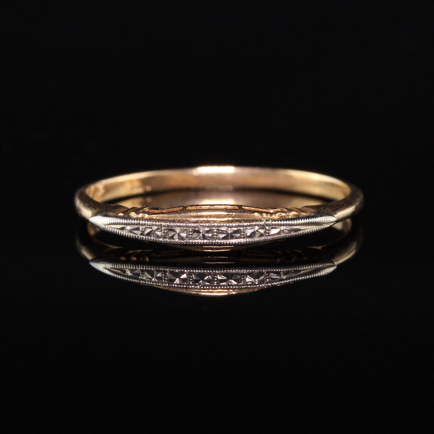 Antique Art Deco 14K Yellow Gold Two Tone Engraved Wedding Band - Size 6