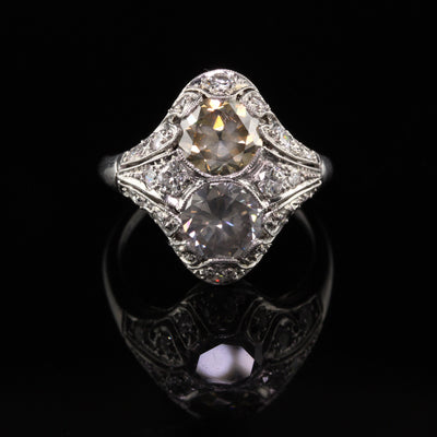 Antique Art Deco Platinum Fancy Colored Diamond Two Stone Toi et Moi Engagement Ring