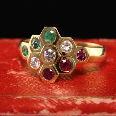 Vintage 18K Yellow Gold Leo Pizzo Diamond Emerald Ruby Honey Comb Ring