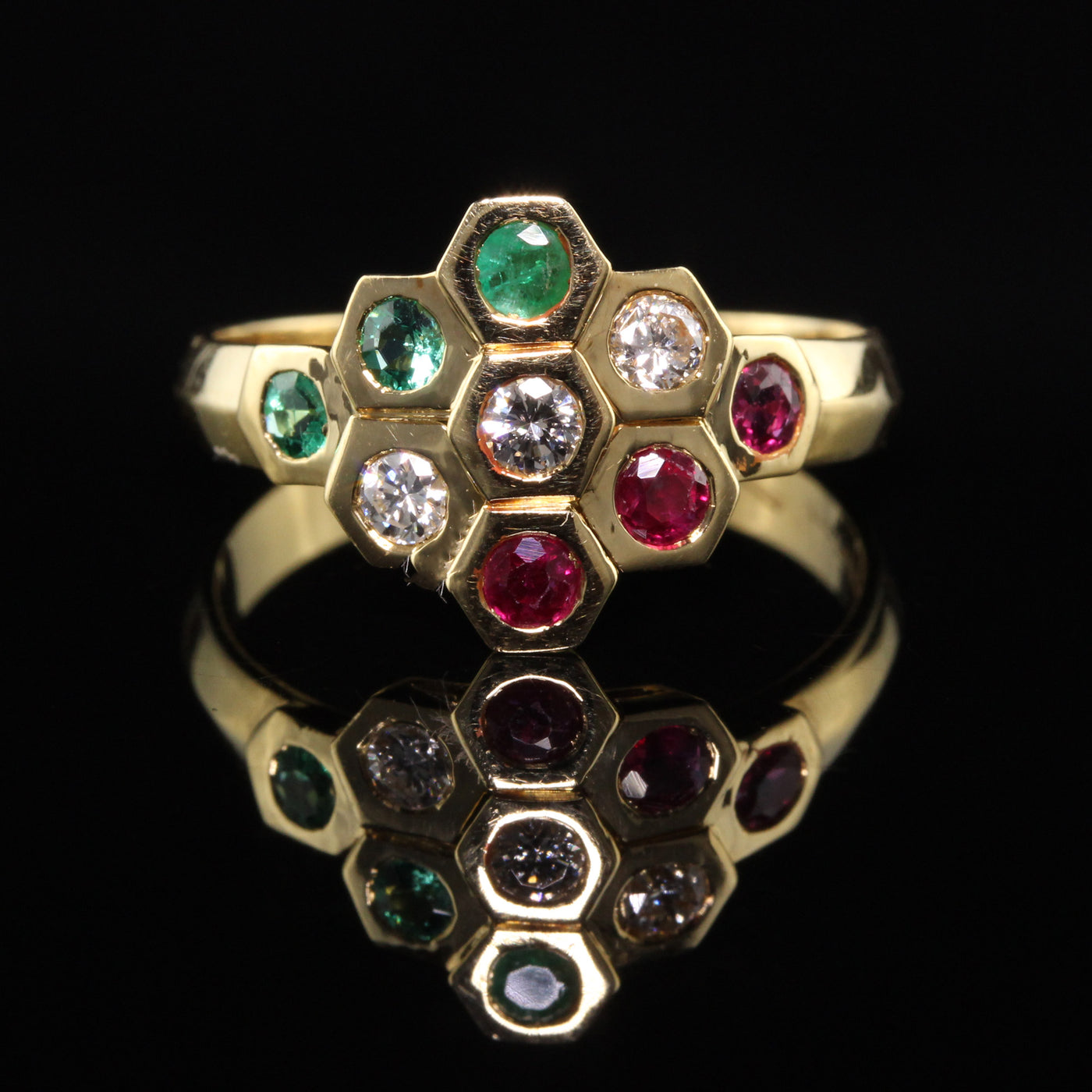Vintage 18K Yellow Gold Leo Pizzo Diamond Emerald Ruby Honey Comb Ring