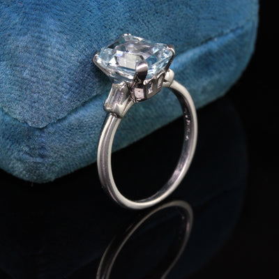 Antique Art Deco Platinum Emerald Cut Aquamarine Engagement Ring
