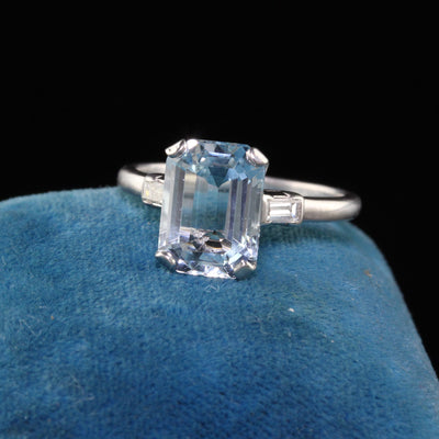 Antique Art Deco Platinum Emerald Cut Aquamarine Engagement Ring