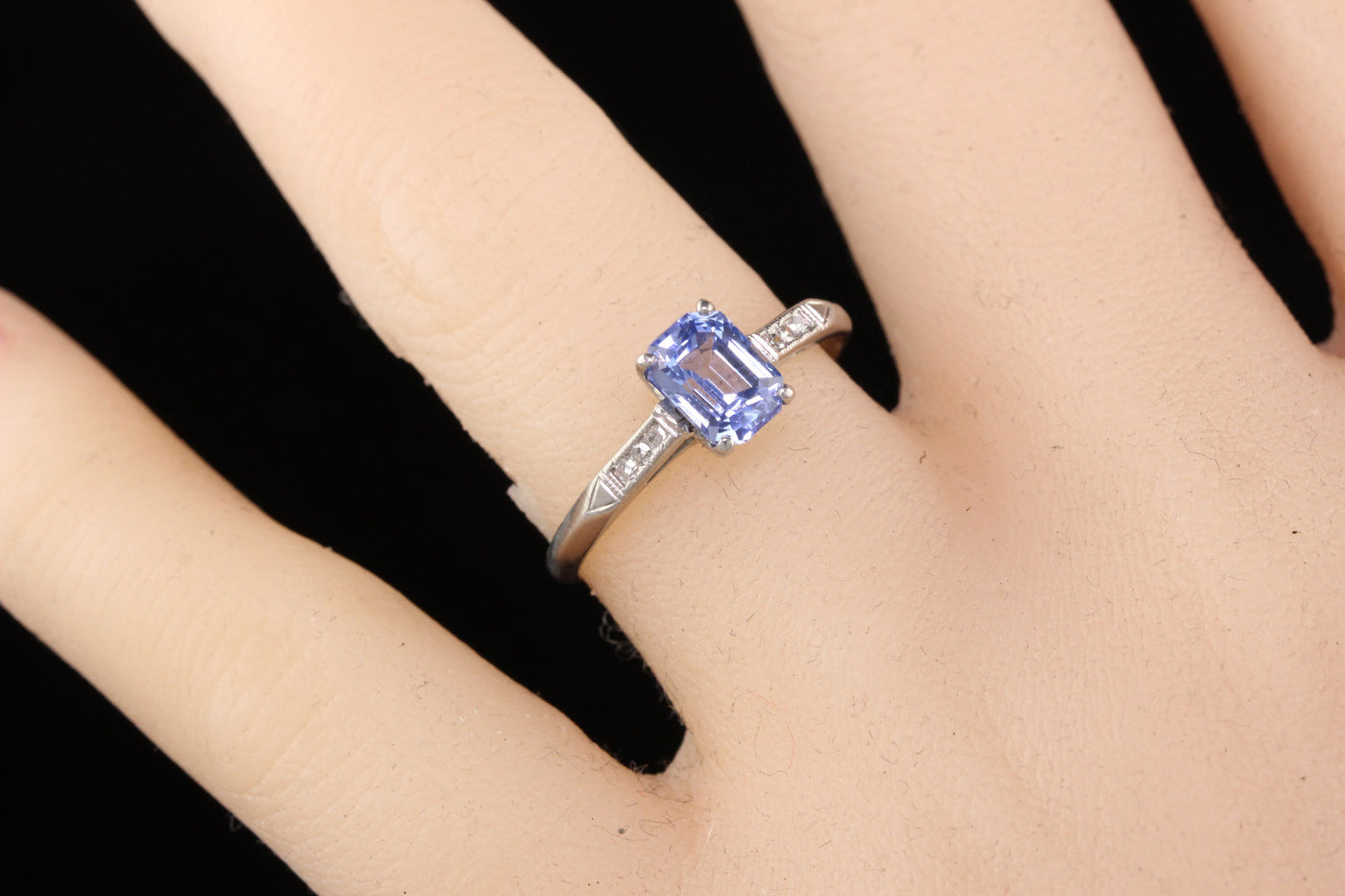 Antique Art Deco Palladium Emerald Cut Sapphire Diamond Engagement Ring