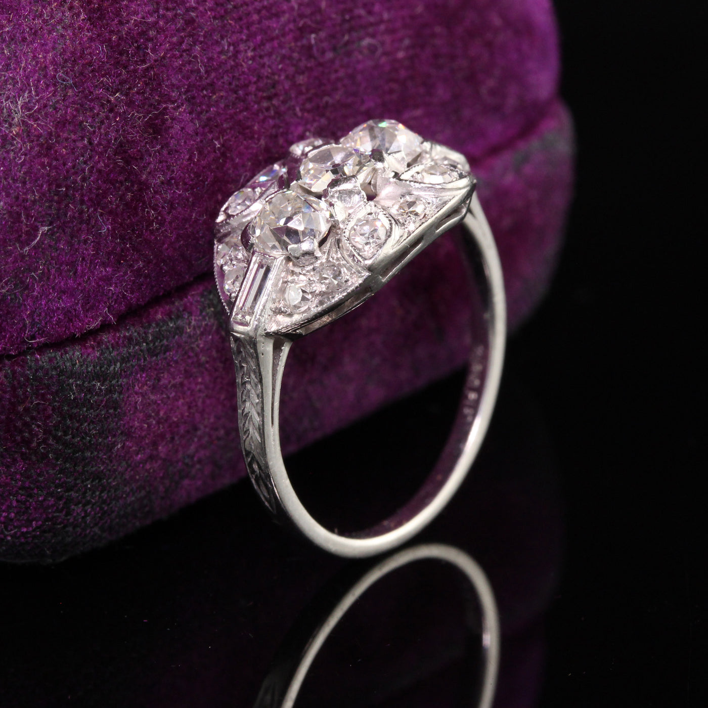 Antique Art Deco Platinum Old Mine Diamond Three Stone Engagement Ring