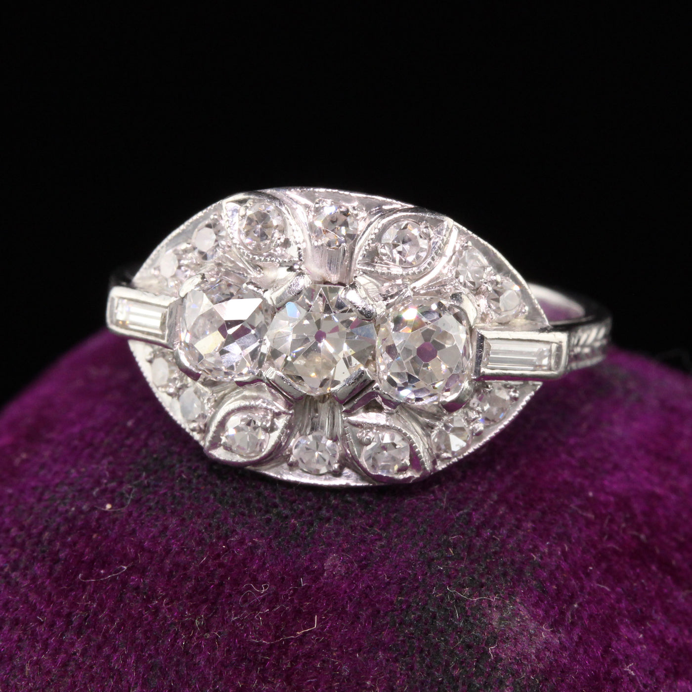 Antique Art Deco Platinum Old Mine Diamond Three Stone Engagement Ring