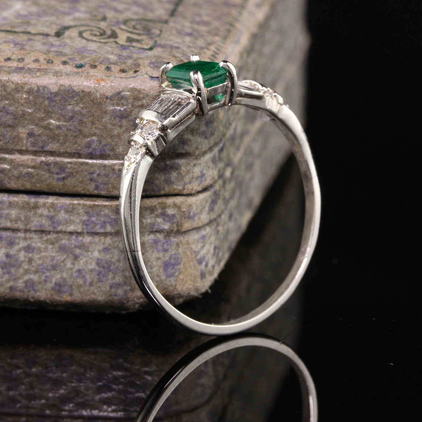 Vintage Retro Platinum Emerald and Diamond Engagement Ring