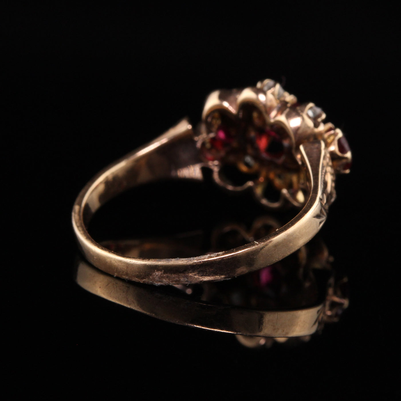 Antique Victorian 12K Rose Gold Ruby and Diamond Three Stone Ring