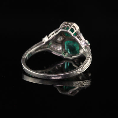 Antique Art Deco Platinum Emerald and Diamond Filigree Ring