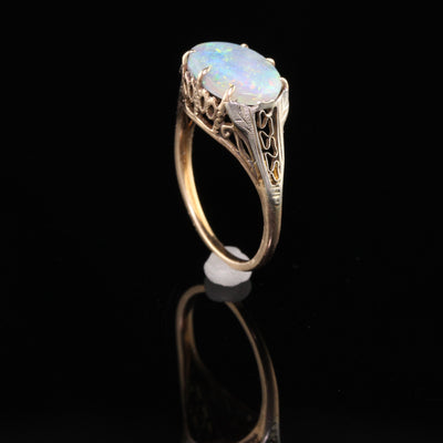 Antique Art Deco 14K Yellow Gold Two Tone Black Opal Filigree Ring