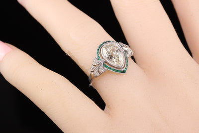 Antique Art Deco Platinum Old Pear Shape Diamond Emerald Halo Engagement Ring