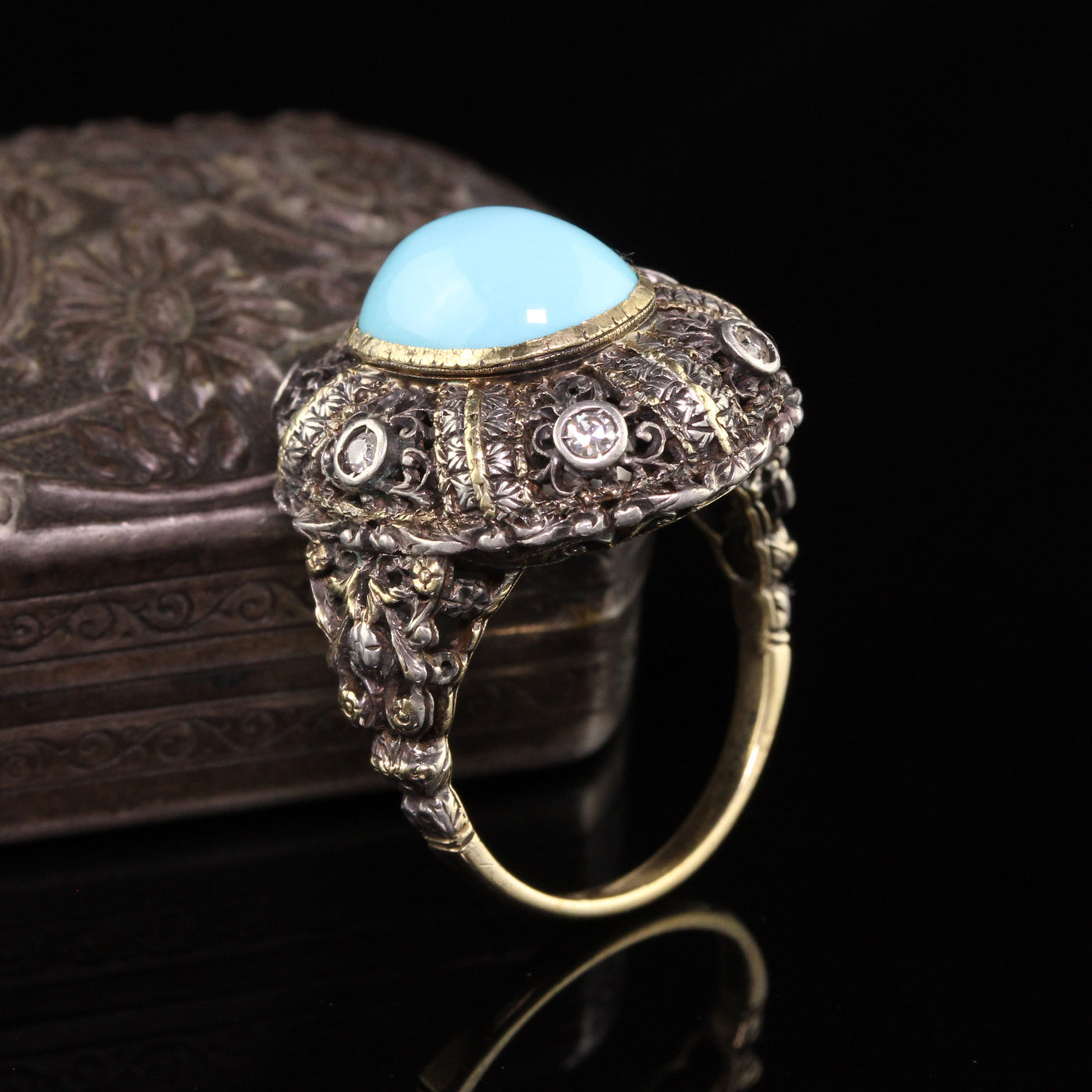 Vintage Estate 18K Yellow Gold Silver Top Turquoise Cabochon Ring