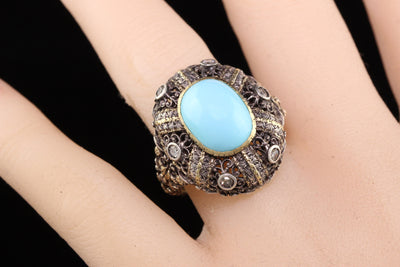 Vintage Estate 18K Yellow Gold Silver Top Turquoise Cabochon Ring