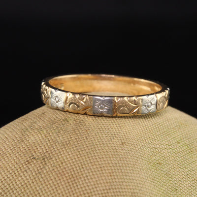 Antique Art Deco 14K/18K Yellow Gold Two Tone Engraved Wedding Band - Size 7