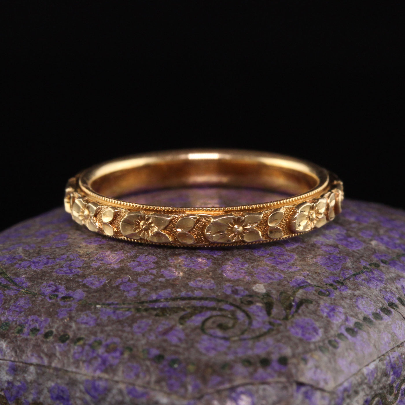 Antique Art Deco 14K Yellow Gold Engraved Wedding Band - Size 4 1/2