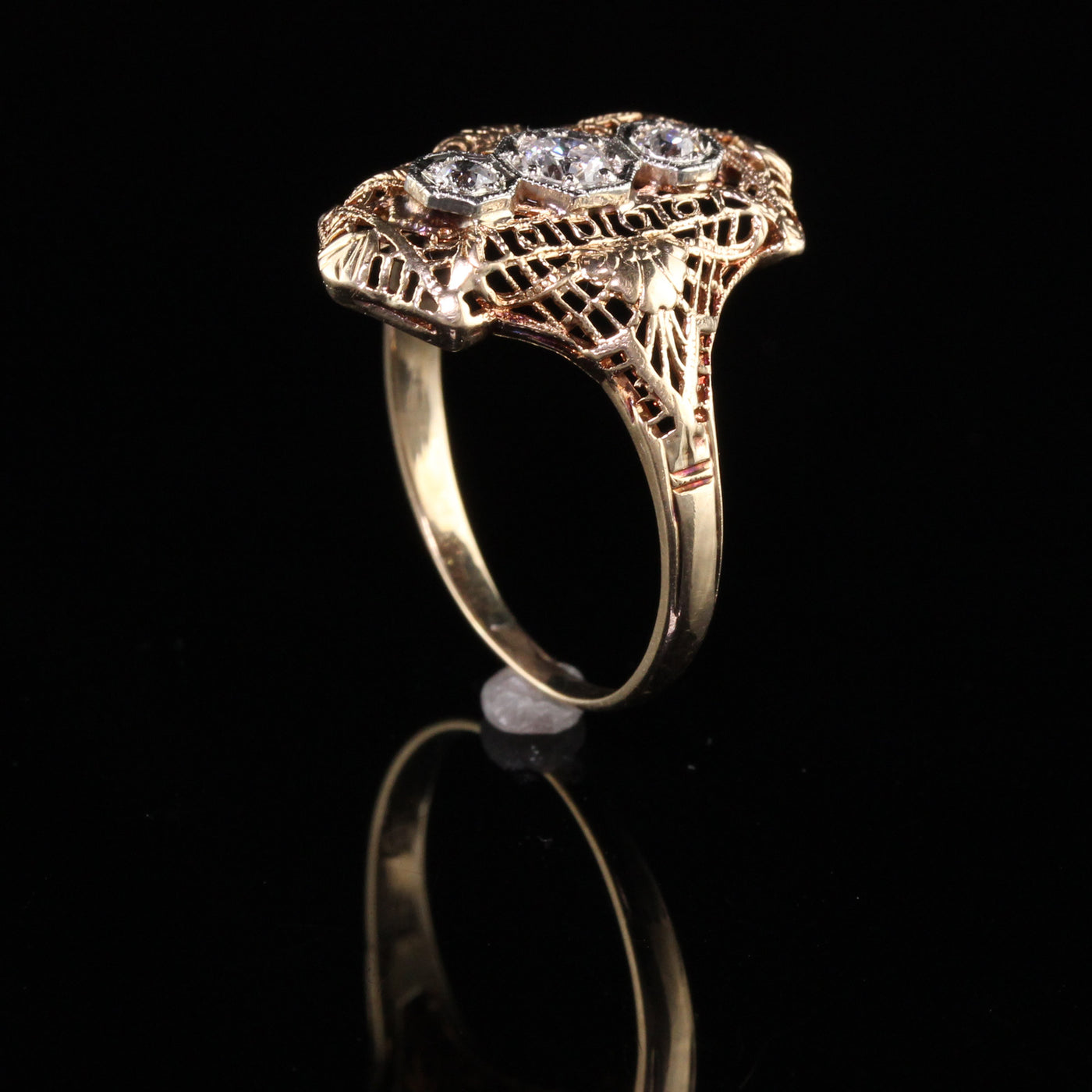 Antique Art Deco 14K Yellow Gold Diamond Three Stone Filigree Ring