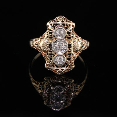 Antique Art Deco 14K Yellow Gold Diamond Three Stone Filigree Ring