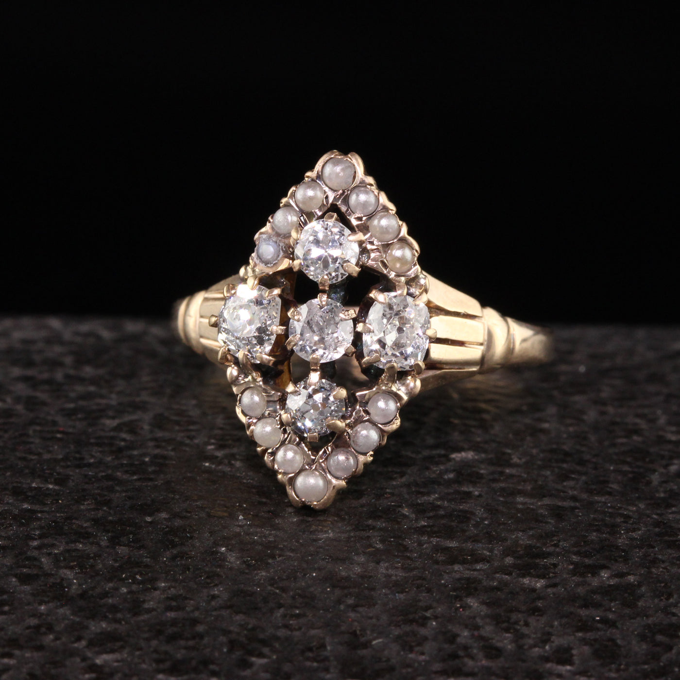 Antique Victorian 10K Yellow Gold Old Mine Diamond Seed Pearl Ring