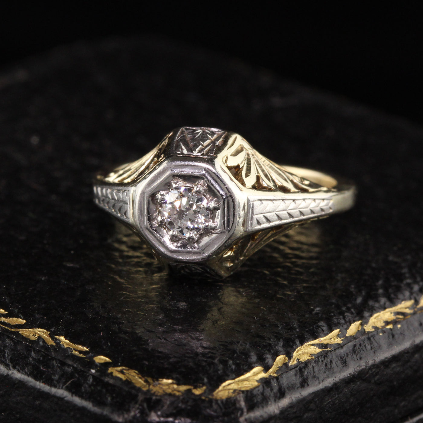Antique Art Deco 14K Yellow Gold Two Tone Old European Diamond Engagement Ring