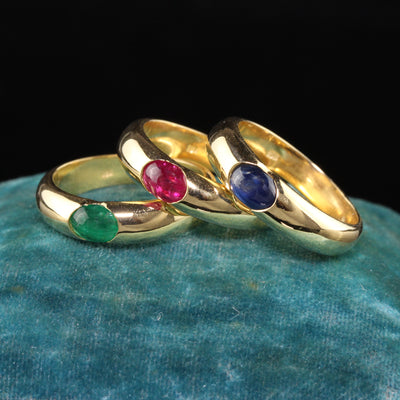 Vintage Retro 18K Yellow Gold Ruby Emerald Sapphire Gypsy Ring Set