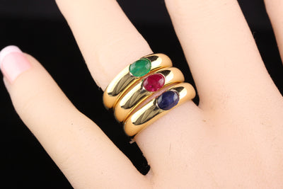 Vintage Retro 18K Yellow Gold Ruby Emerald Sapphire Gypsy Ring Set
