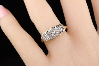 Antique Art Deco 14K Yellow Gold Three Stone Diamond Filigree Ring