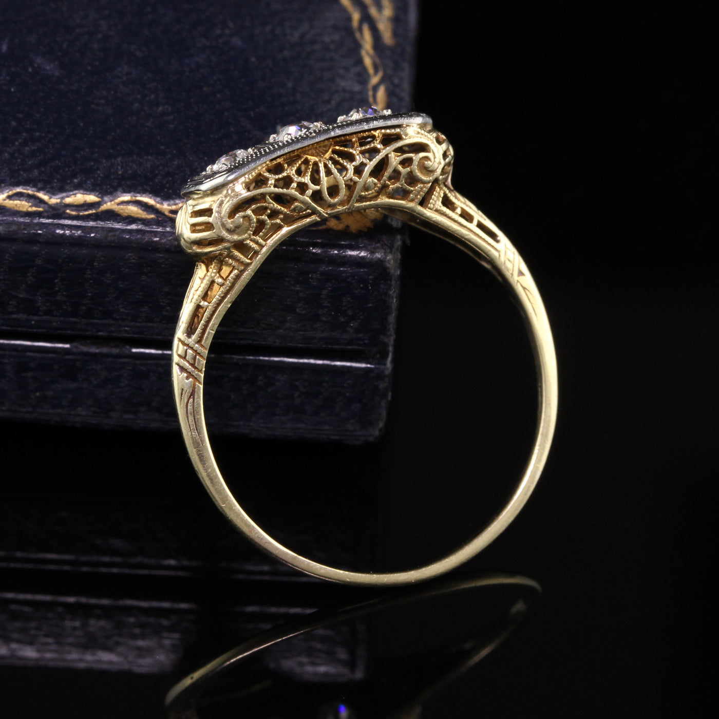 Antique Art Deco 14K Yellow Gold Old European Cut Three Stone Diamond Ring
