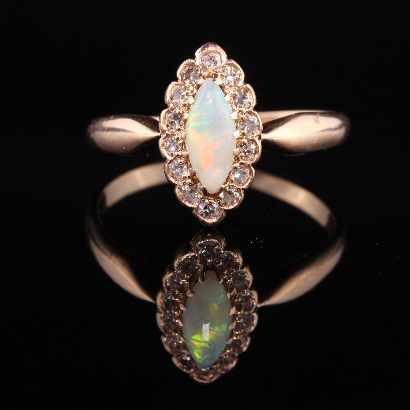 Antique Victorian 14K Rose Gold Opal and Diamond Engagement Ring