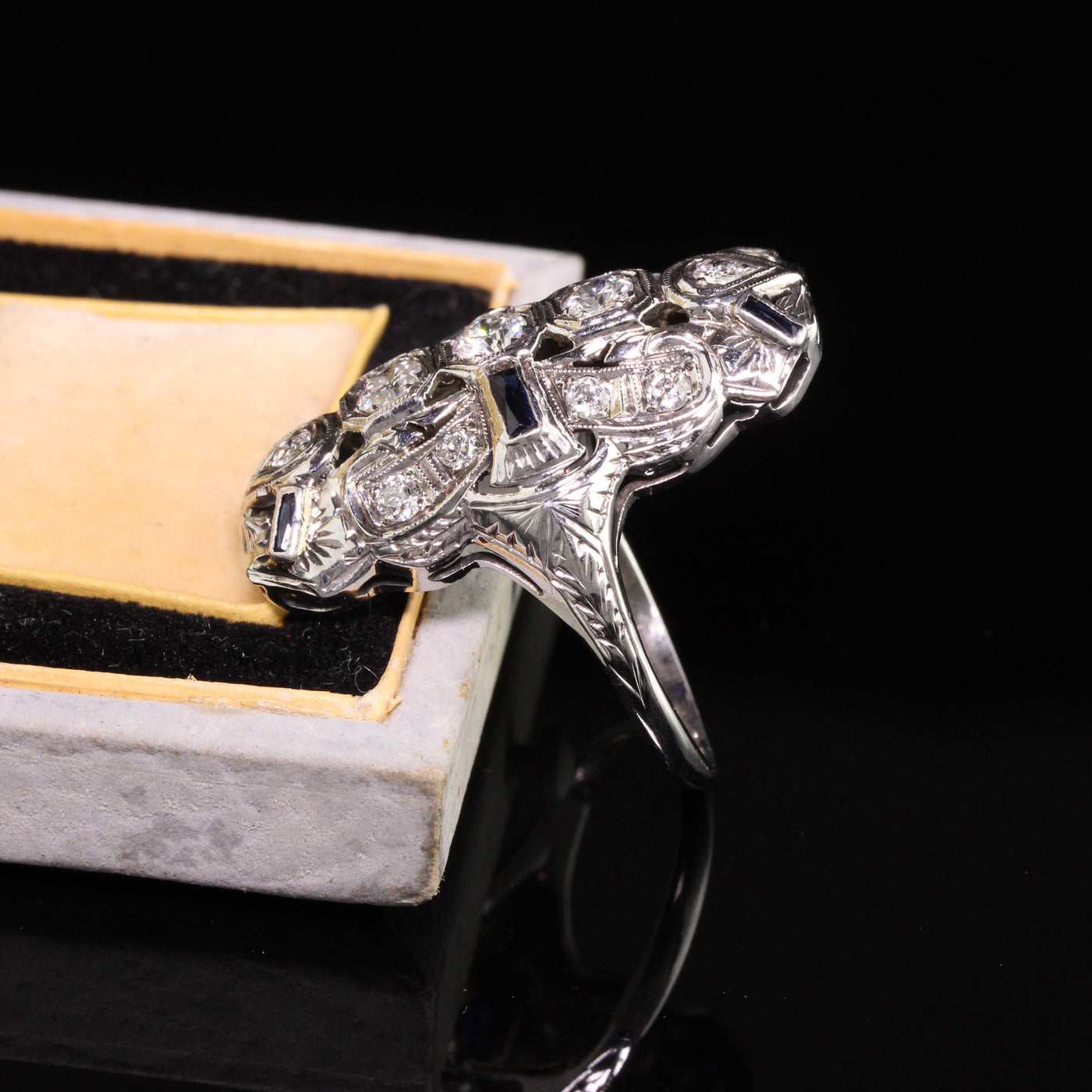 Antique Art Deco 18K White Gold Diamond and Sapphire Shield Ring