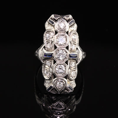 Antique Art Deco 18K White Gold Diamond and Sapphire Shield Ring